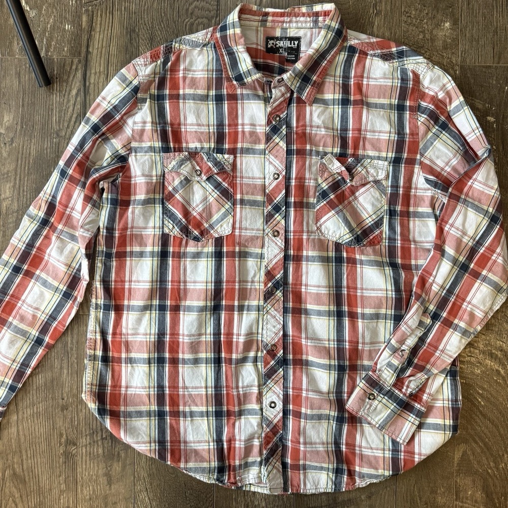 Skully Long Sleeve Snap Up Western Plaid Shirt Size XL Country